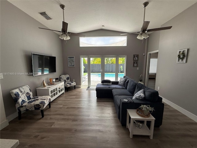 6871 SW 159th Pl, Miami, FL 33193 - living area with a ceiling fan, wood finished floors, high vaulted ceiling, and a textured ceiling
