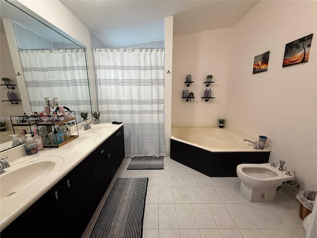 6871 SW 159th Pl, Miami, FL 33193 - bathroom featuring tile patterned floors, a bidet, double vanity, a tub, and a shower with curtain