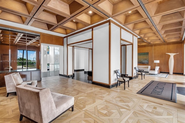 1581 Brickell Ave Unit 808, Miami, FL 33129 - building lobby featuring coffered ceiling, wooden walls, and beamed ceiling