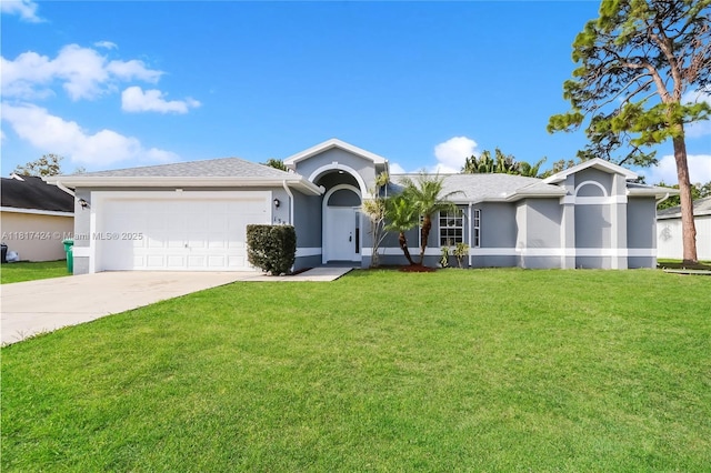 138 SW Bedford Rd, Port St Lucie, FL 34953 - ranch-style house with stucco siding, an attached garage, concrete driveway, and a front lawn