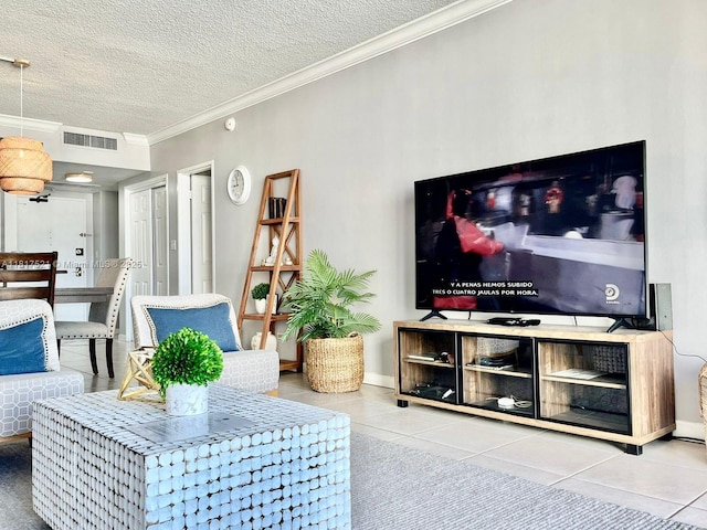 5601 Collins Ave Unit 923, Miami Beach, FL 33140 - tiled living room featuring crown molding and a textured ceiling