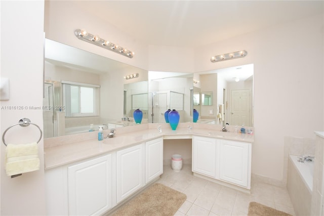 5402 NW 110th Ave, Doral, FL 33178 - bathroom featuring tile patterned flooring, a garden tub, double vanity, and a shower stall