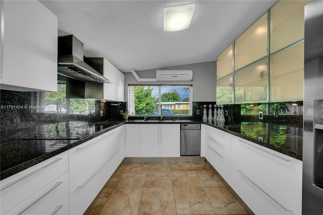 11020 SW 55th St, Miami, FL 33165 - kitchen with wall chimney exhaust hood, a wall mounted AC, tasteful backsplash, lofted ceiling, and white cabinets