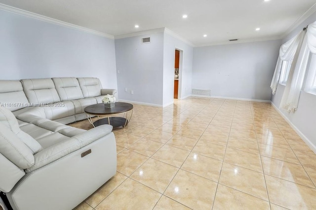 7968 Venetian St, Miramar, FL 33023 - living area featuring ornamental molding, recessed lighting, light tile patterned flooring, and baseboards