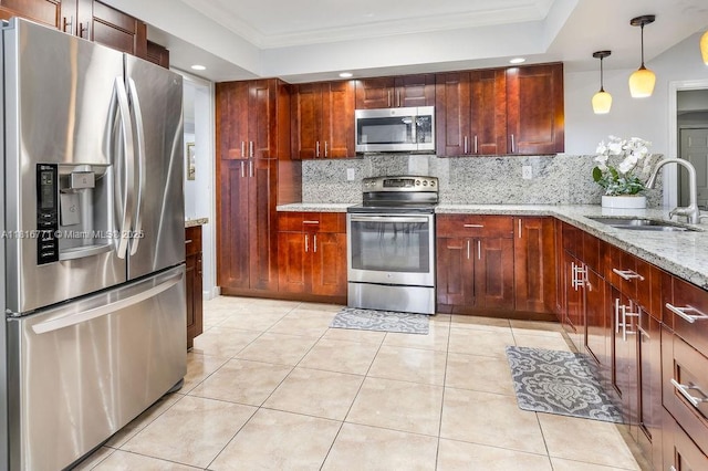 7968 Venetian St, Miramar, FL 33023 - kitchen with stainless steel appliances, a sink, tasteful backsplash, light stone countertops, and ornamental molding