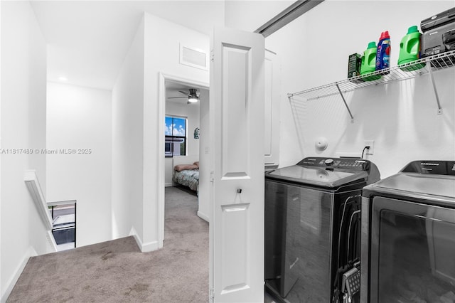 10225 SW 231st Ln, Miami, FL 33190 - laundry area featuring washing machine and clothes dryer, carpet floors, baseboards, and ceiling fan