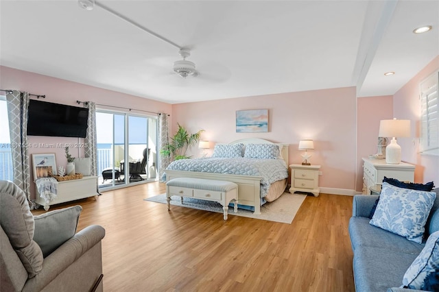 200 Wrenn St Ph 701, Plantation Key, FL 33070 - bedroom with access to exterior, light wood-style floors, baseboards, ceiling fan, and recessed lighting