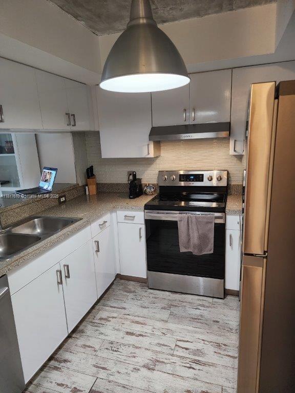 460 S Park Rd Unit 6-209, Hollywood, FL 33021 - kitchen with stainless steel appliances, under cabinet range hood, tasteful backsplash, white cabinetry, and a sink