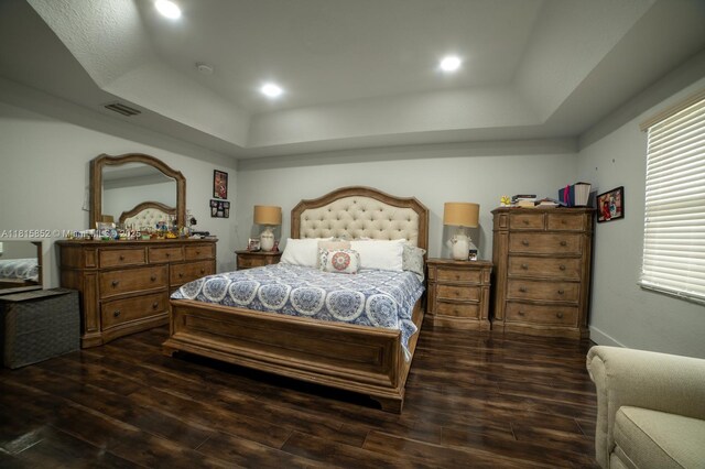 4452 Rainbow Ave, Weston, FL 33332 - bedroom with a raised ceiling, dark wood-style floors, and recessed lighting