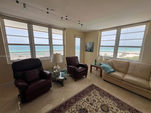 100 Lincoln Rd Unit 848, Miami Beach, FL 33139 - living room with baseboards, a water view, track lighting, and light tile patterned floors