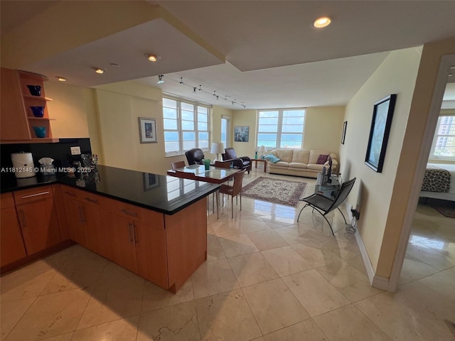 100 Lincoln Rd Unit 848, Miami Beach, FL 33139 - kitchen featuring a peninsula, track lighting, open shelves, dark countertops, and baseboards
