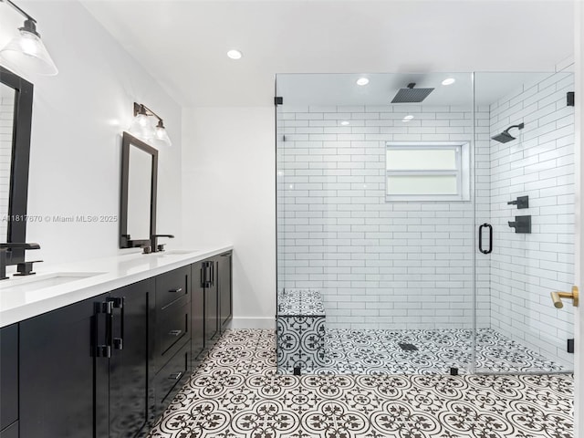 5976 SW 88th Pl, Miami, FL 33173 - bathroom with a shower stall, double vanity, recessed lighting, and tile patterned flooring