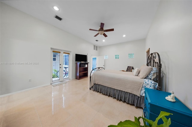 81 Hough Dr, Miami Springs, FL 33166 - bedroom featuring french doors, recessed lighting, a ceiling fan, access to exterior, and light tile patterned floors