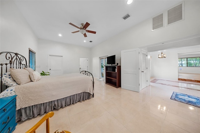 81 Hough Dr, Miami Springs, FL 33166 - bedroom with light tile patterned flooring, recessed lighting, high vaulted ceiling, and a ceiling fan