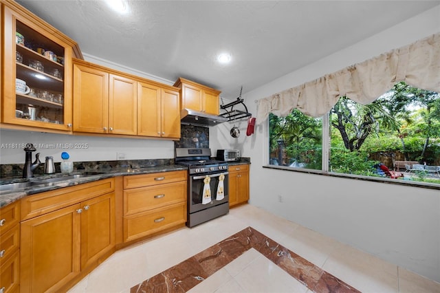 81 Hough Dr, Miami Springs, FL 33166 - kitchen featuring stainless steel gas range, under cabinet range hood, dark stone counters, recessed lighting, and inlaid floor details