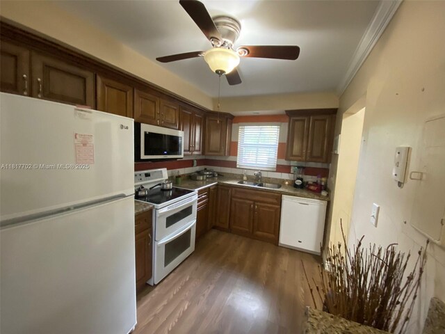 6200 NW 44th St Unit 115, Lauderhill, FL 33319 - kitchen with white appliances, a sink, light wood-style floors, a ceiling fan, and crown molding