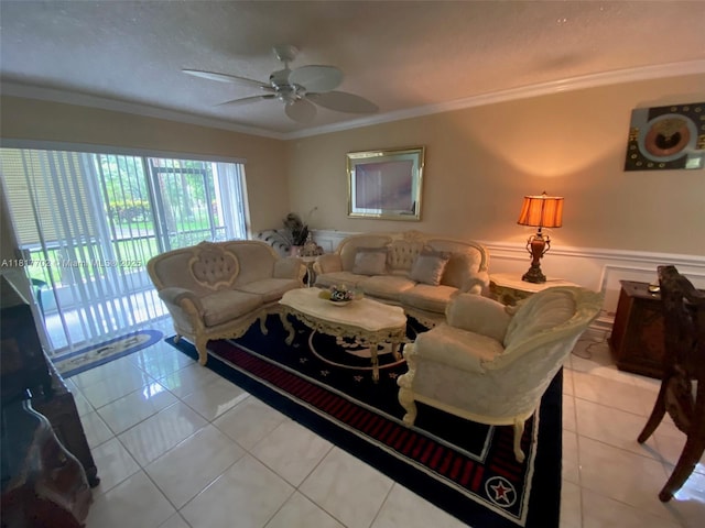 6200 NW 44th St Unit 115, Lauderhill, FL 33319 - living area featuring light tile patterned floors, ceiling fan, ornamental molding, and a wainscoted wall