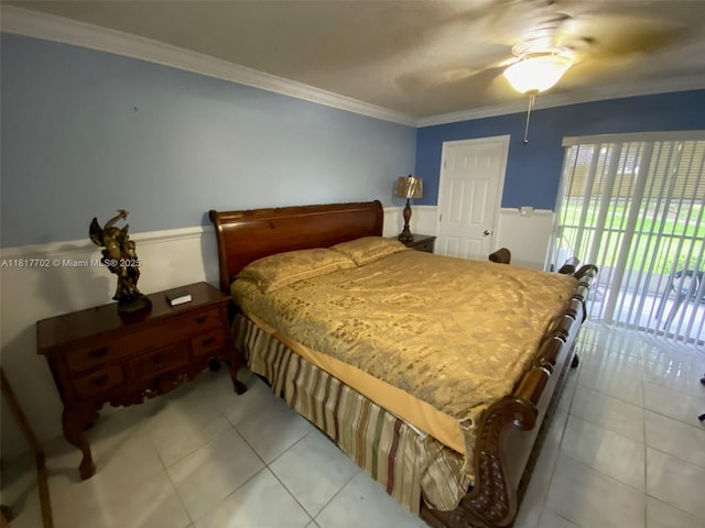 6200 NW 44th St Unit 115, Lauderhill, FL 33319 - bedroom featuring access to outside, light tile patterned flooring, crown molding, and a ceiling fan