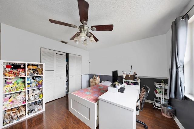 13344 NW 7th St, Plantation, FL 33325 - office area featuring dark wood finished floors, ceiling fan, a textured ceiling, and baseboards