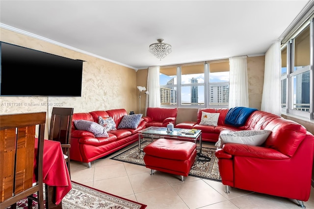 250 174th St Unit 1704, Sunny Isles Beach, FL 33160 - living room with tile patterned flooring, crown molding, and wallpapered walls