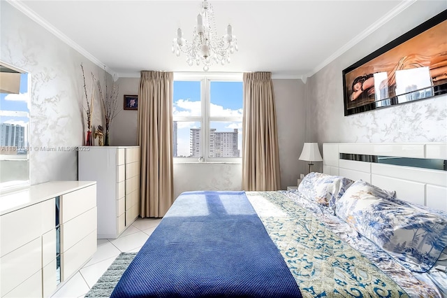 250 174th St Unit 1704, Sunny Isles Beach, FL 33160 - bedroom with ornamental molding, a chandelier, and light tile patterned floors