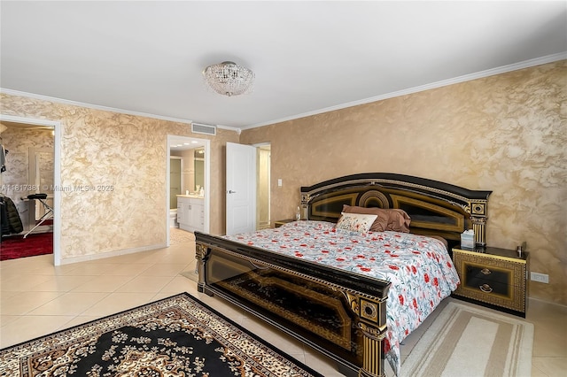 250 174th St Unit 1704, Sunny Isles Beach, FL 33160 - bedroom featuring tile patterned floors, crown molding, baseboards, wallpapered walls, and ensuite bathroom