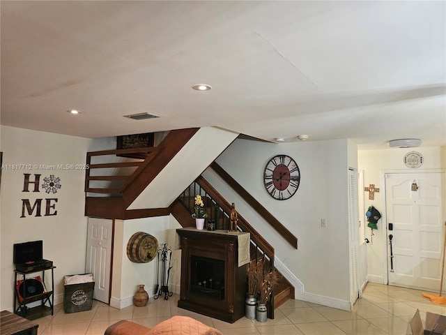 10270 NW 46th St, Doral, FL 33178 - tiled living room featuring stairway, baseboards, and recessed lighting