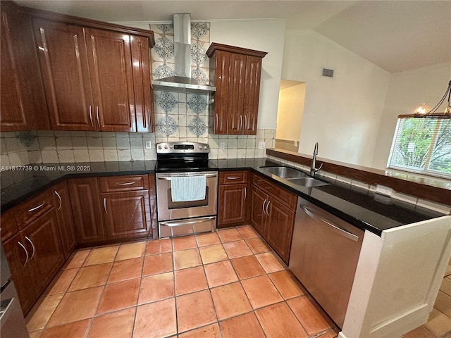 17253 NW 6th Ct, Pembroke Pines, FL 33029 - kitchen with stainless steel appliances, wall chimney exhaust hood, a sink, vaulted ceiling, and decorative backsplash