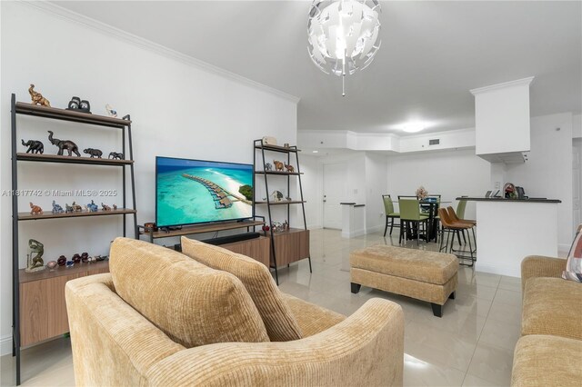 17125 N Bay Rd Unit 3104, Sunny Isles Beach, FL 33160 - living area featuring crown molding, light tile patterned floors, baseboards, and a chandelier