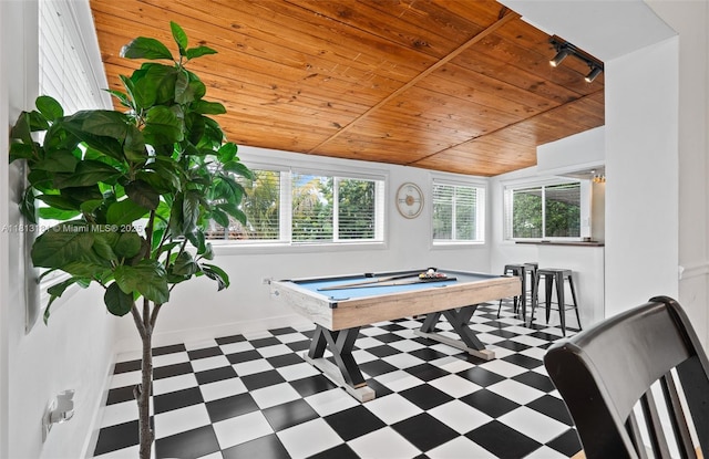 1636 Arthur St, Hollywood, FL 33020 - rec room with tile patterned floors, healthy amount of natural light, wooden ceiling, billiards table, and rail lighting