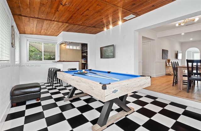 1636 Arthur St, Hollywood, FL 33020 - recreation room with tile patterned floors, wooden ceiling, baseboards, billiards, and arched walkways