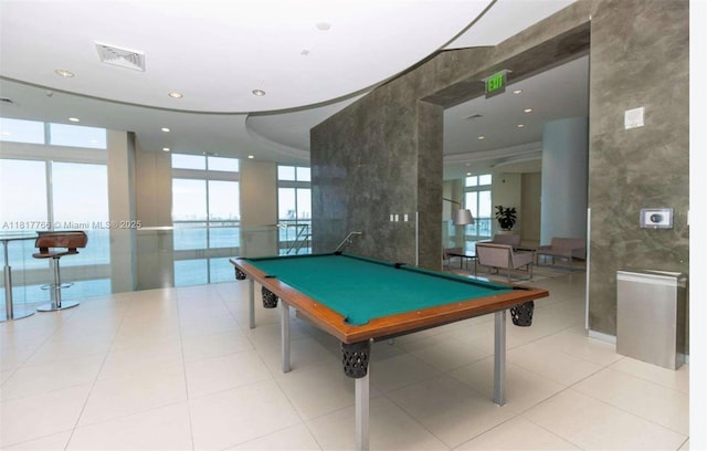 1900 N Bayshore Dr Unit 3909, Miami, FL 33132 - rec room featuring plenty of natural light, billiards table, a wall of windows, recessed lighting, and light tile patterned floors