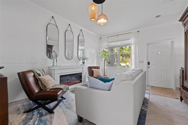 402 SE 30th Ter, Homestead, FL 33033 - living room featuring crown molding and a glass covered fireplace