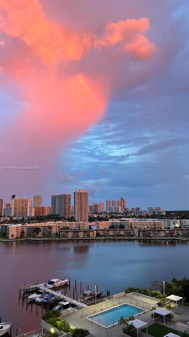 18051 Biscayne Blvd Unit 1501, Aventura, FL 33160 - water view with skyline and a boat dock