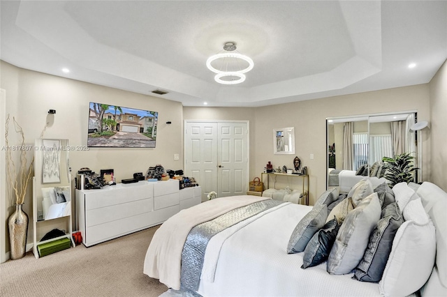 11222 NW 73rd Ter, Doral, FL 33178 - carpeted bedroom featuring a raised ceiling, recessed lighting, and a chandelier