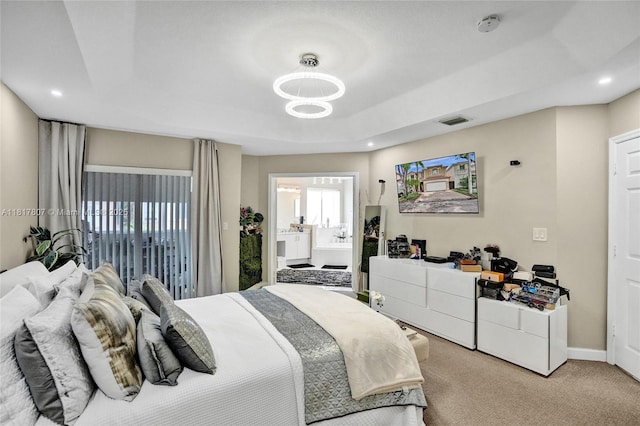11222 NW 73rd Ter, Doral, FL 33178 - bedroom featuring a raised ceiling, carpet, recessed lighting, connected bathroom, and baseboards