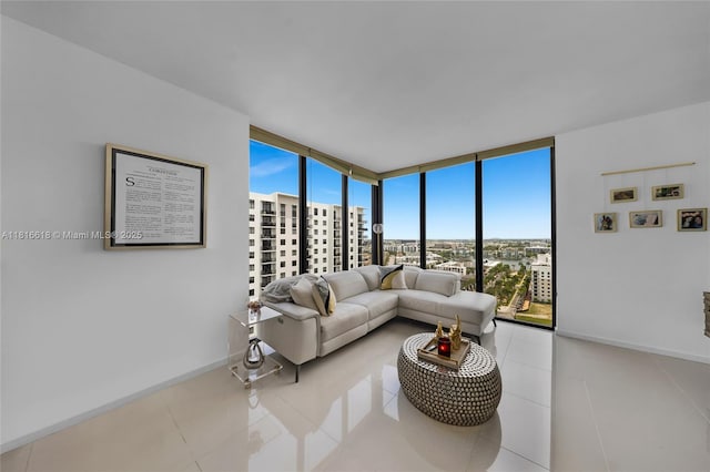 5252 NW 85th Ave Unit 1701, Doral, FL 33166 - tiled living room featuring a view of city, baseboards, and a wall of windows