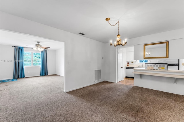 9401 SW 78th St, Miami, FL 33173 - unfurnished living room with light colored carpet, a chandelier, and ceiling fan