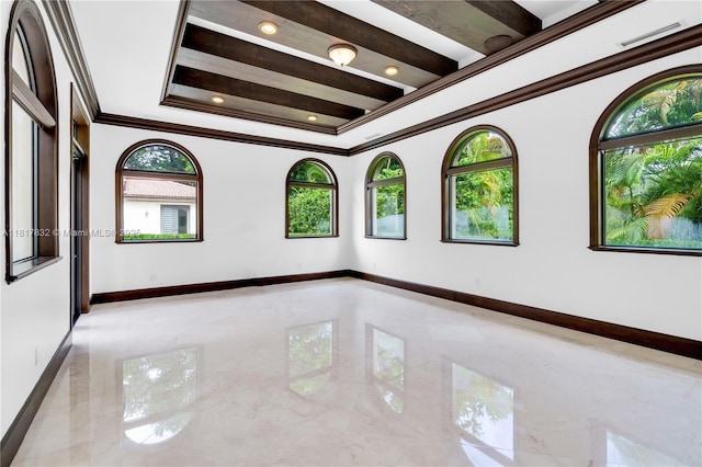 9801 SW 60th Ct, Pinecrest, FL 33156 - spare room with healthy amount of natural light, crown molding, marble tiled flooring, baseboards, and a raised ceiling