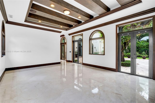9801 SW 60th Ct, Pinecrest, FL 33156 - empty room with light marble finish floors, a raised ceiling, crown molding, baseboards, and french doors