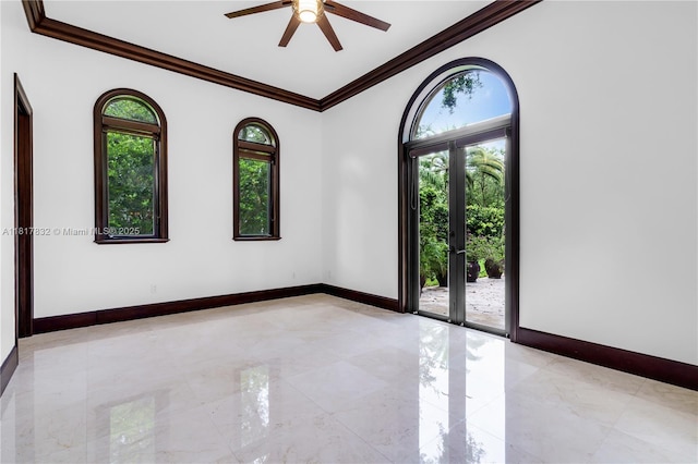 9801 SW 60th Ct, Pinecrest, FL 33156 - empty room featuring ornamental molding, ceiling fan, light marble finish floors, and baseboards