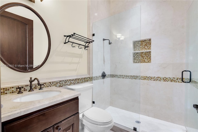 9801 SW 60th Ct, Pinecrest, FL 33156 - full bathroom featuring toilet, a stall shower, vanity, and decorative backsplash