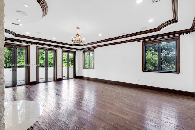 9801 SW 60th Ct, Pinecrest, FL 33156 - unfurnished room with french doors, ornamental molding, a chandelier, hardwood / wood-style flooring, and baseboards