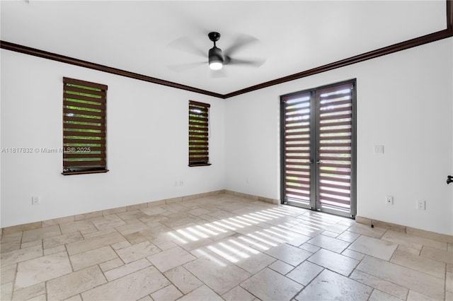 9801 SW 60th Ct, Pinecrest, FL 33156 - unfurnished room with ceiling fan, stone tile flooring, ornamental molding, and baseboards