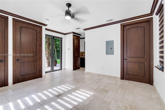 9801 SW 60th Ct, Pinecrest, FL 33156 - entrance foyer featuring electric panel, ceiling fan, crown molding, french doors, and baseboards