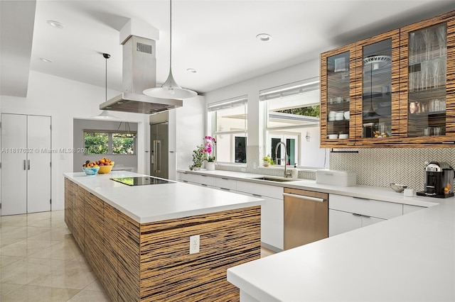11001 SW 64th Ave, Pinecrest, FL 33156 - kitchen with modern cabinets, island exhaust hood, dishwasher, a kitchen island, and white cabinetry