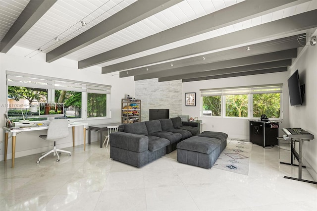 11001 SW 64th Ave, Pinecrest, FL 33156 - living area featuring a desk, healthy amount of natural light, and beamed ceiling