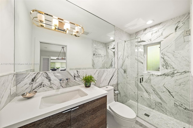 11001 SW 64th Ave, Pinecrest, FL 33156 - full bath with a chandelier, tile walls, vanity, a marble finish shower, and recessed lighting