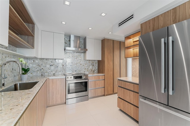 900 Bay Dr Unit 904, Miami Beach, FL 33141 - kitchen with appliances with stainless steel finishes, wall chimney range hood, open shelves, modern cabinets, and a sink