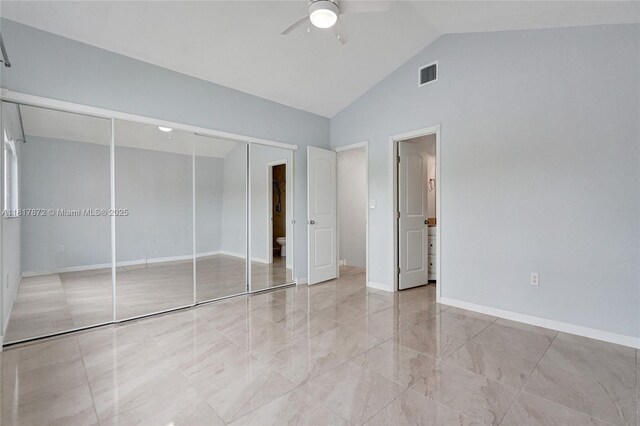 1449 NW 122nd Ter, Pembroke Pines, FL 33026 - unfurnished bedroom with a closet, marble finish floors, ceiling fan, and high vaulted ceiling